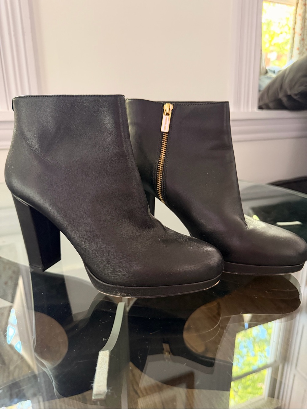 Women’s Michael Kors Black Leather Ankle Boots with Gold Zip